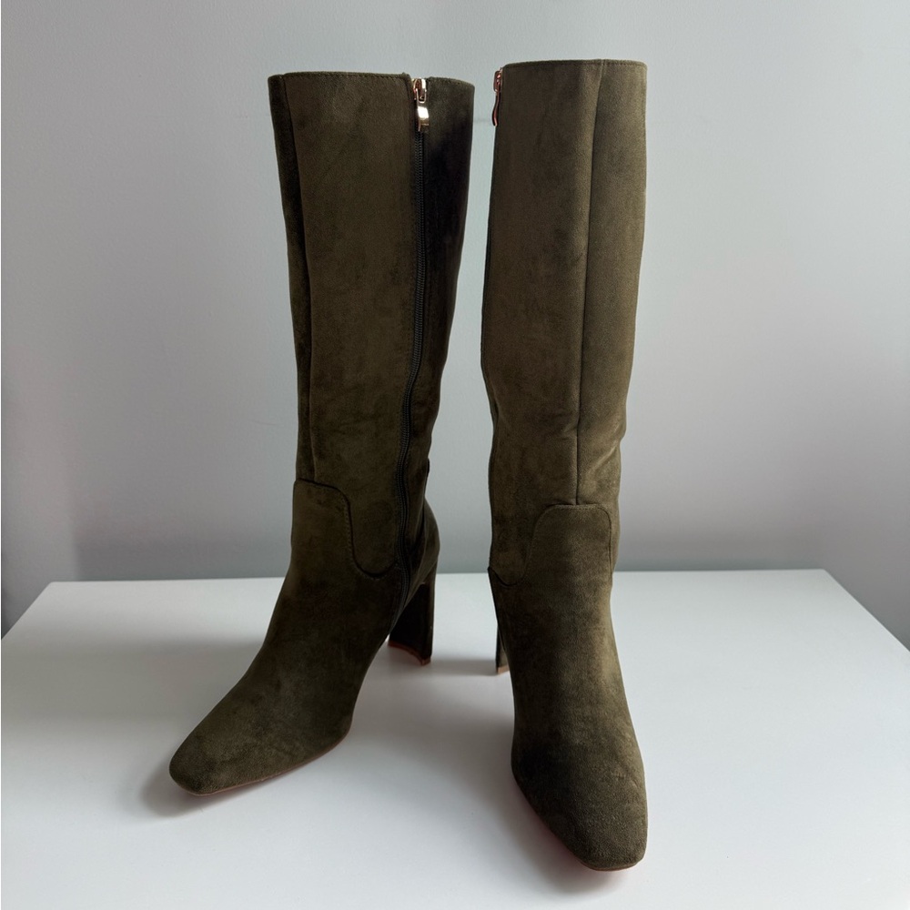 Faux Suede Heeled Calf Boots - Nasty Gal Olive Green
